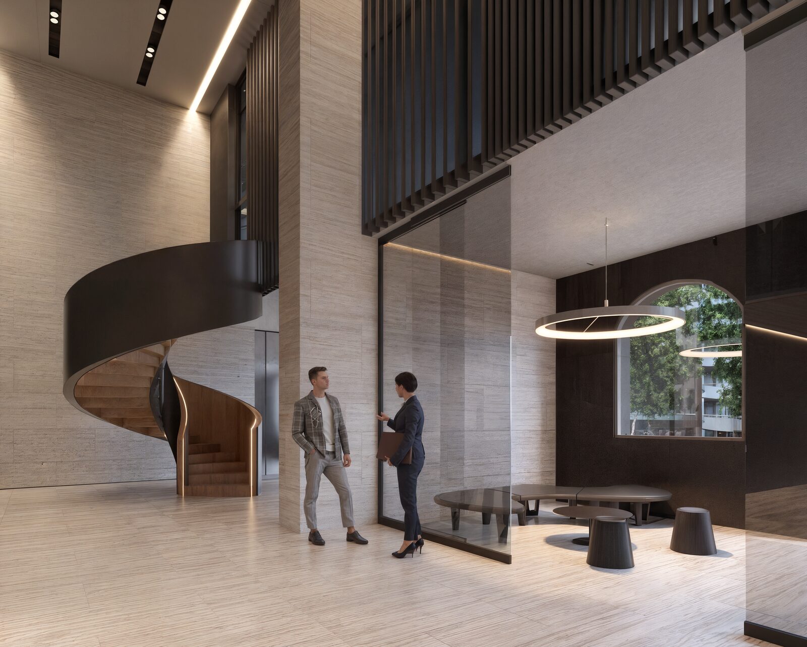 Hall de acceso con escalera caracol